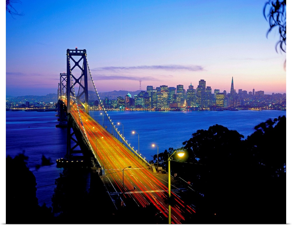 California, San Francisco, Bay Bridge and skyline at night