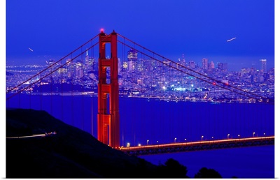California, San Francisco, Golden Gate Bridge and skyline at night
