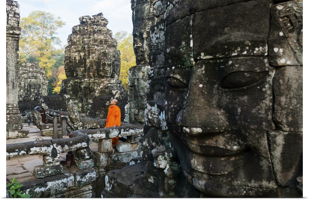 Cambodia, Siemreab, Angkor, Monk at the Bayan temple.