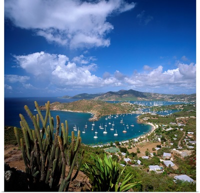 Caribbean, Antigua, Shirley Heights, view towards English harbor and Falmouth harbor