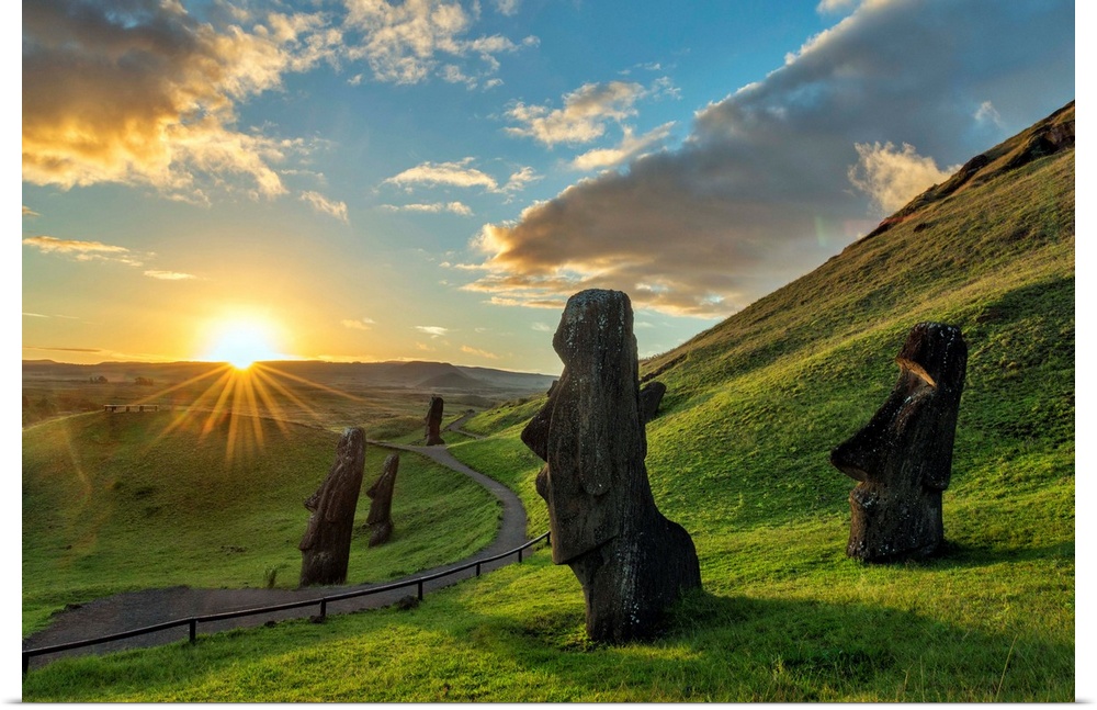 Chile, Valparaiso, Easter Island, Moai at Rano Raraku Volcano at sunset.