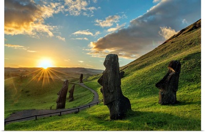 Chile, Valparaiso, Easter Island, Moai at Rano Raraku Volcano at sunset
