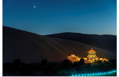 China, Gansu, Dunhuang, Crescent Lake And The Oasi Out Of The City Of Dunhuang By Night