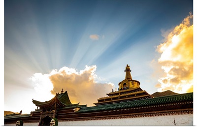 China, Gansu, Xiahe, Ray Of Sunlight Over The Gong Tang Pagoda Of Labrang Monastery