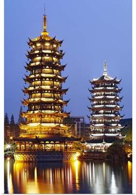 China, Guangxi, Guilin, Sun and Moon Pagodas on Shan Lake