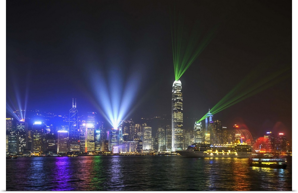China, Hong Kong, Hong Kong island, Skyline of the Central during the Symphony of Lights light and music show.
