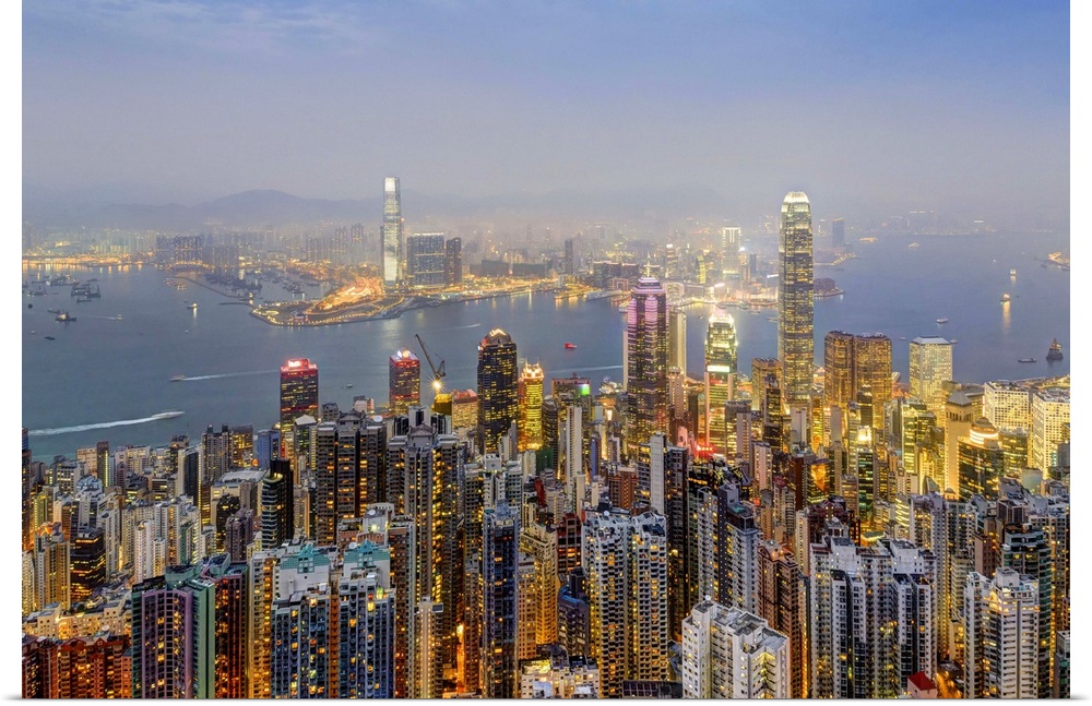 China, Hong Kong, Hong Kong island, View from Victoria Peak, City Skyline and Victoria Harbor.