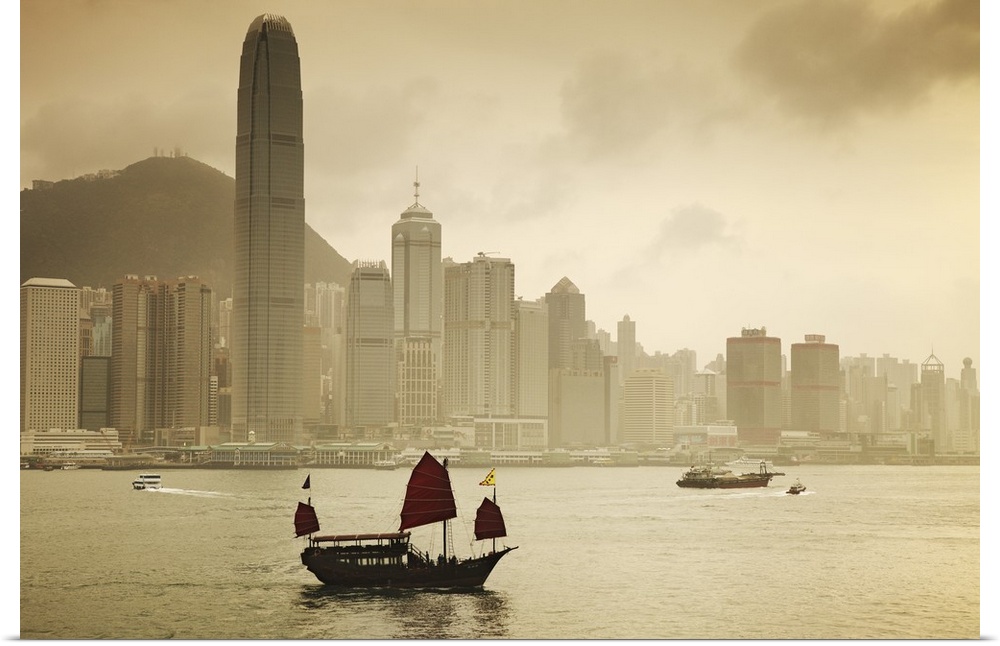 China, Hong Kong, Hong Kong island, Victoria Harbor, Junk boat.
