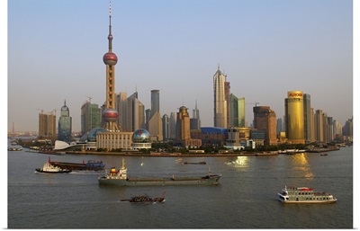 China, Shanghai Shi, The Huangpu River and many of the new towers of Pudong