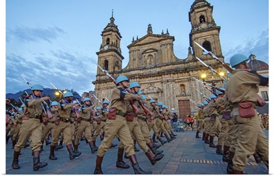 Colombia, Bogota, UN soldiers marching at Bolivar square