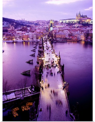 Czech Rep, Prague, Charles Bridge on Vlatava River, view from above