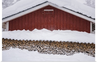 Finland, Lapland, Typical House With A Stack Of Firewood, Kittila, Scandinavia