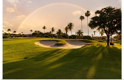 Florida, Boca Raton, Golf Course With Palm Trees And Rainbow