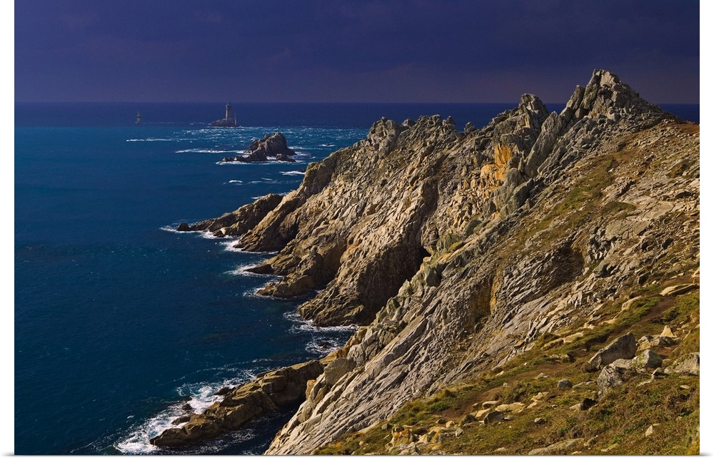 A storm approaching the cliffs at Pointe du Raz, with the famous lighthouse out in the Atlantic ocean...