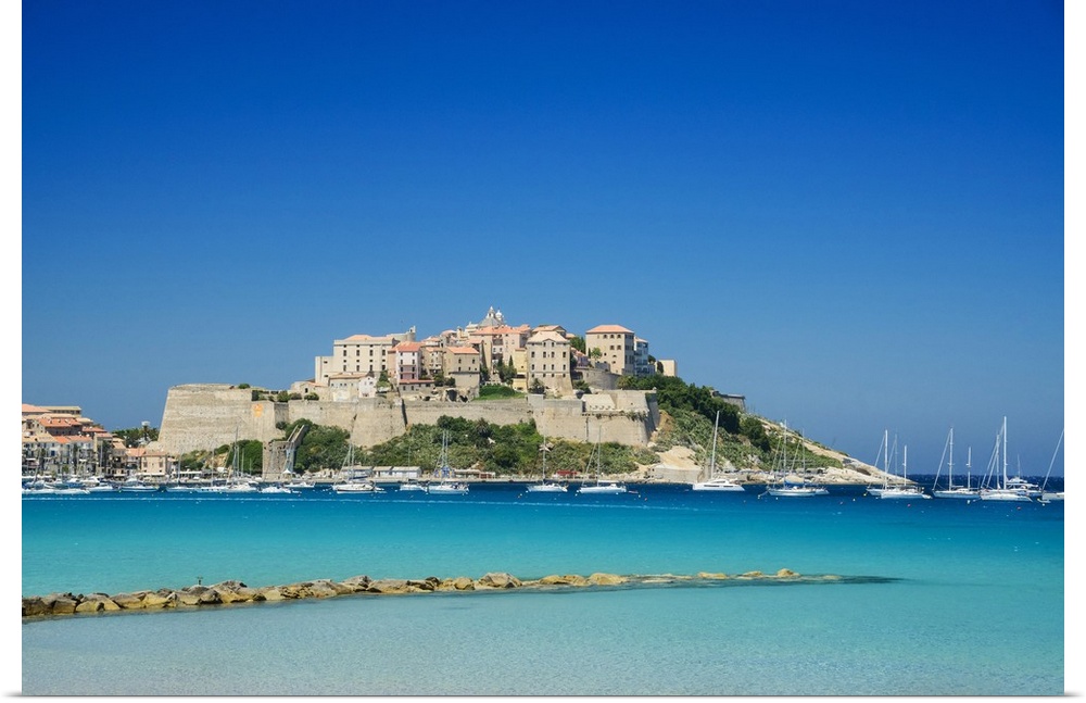 France, Corsica, Mediterranean sea, Calvi, Citadel, view from the beach.