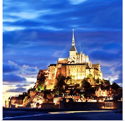 France, Normandy, English Channel, Mont St-Michel, The Abbey Illuminated At Dusk