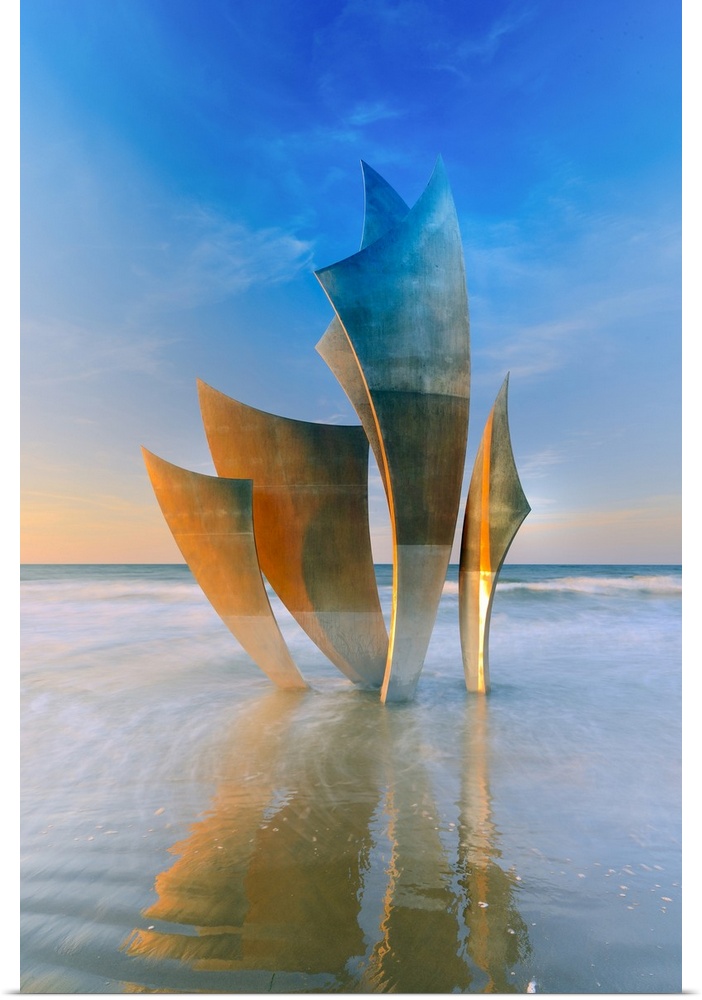 France, Normandy, Omaha Beach, English Channel, A sculpture called The Braves by artist Anilore Banon located on Omaha beach