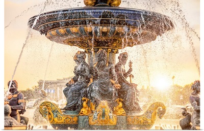 France, Paris, Champs Elysees, Place De La Concorde, Fountain Statue At Sunset
