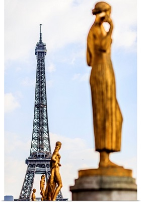 France, Paris, Eiffel Tower And Les Fruits, One Of The Statues Of Palais De Chaillot