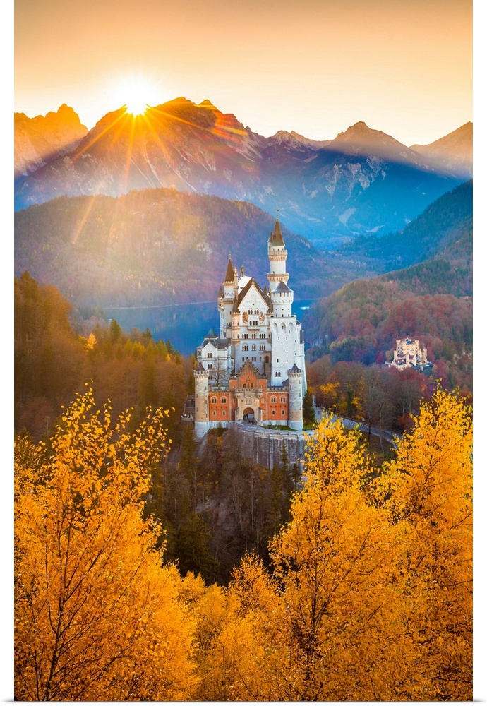 Germany, Bavaria, Swabia, Neuschwanstein Castle and Hohenschwangau Castle with Lake Alpsee and Tannheim Mountains.