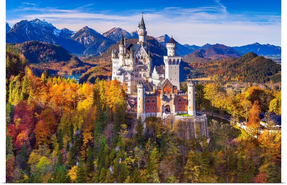Germany, Bavaria, Swabia, Neuschwanstein Castle and Tannheim Mountains.