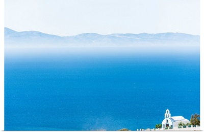 Greece, A Greek Orthodox Church On The Cyclades Island Santorini With The Mediterranean