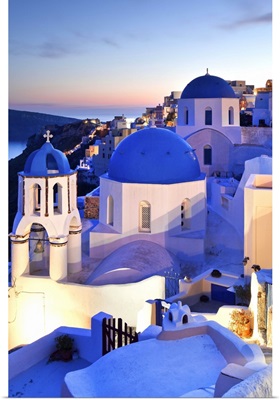 Greece, Aegean islands, Cyclades, Santorini island, church in Oia village at dusk