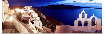Greece, Aegean islands, Cyclades, Santorini island, Oia village illuminated at night