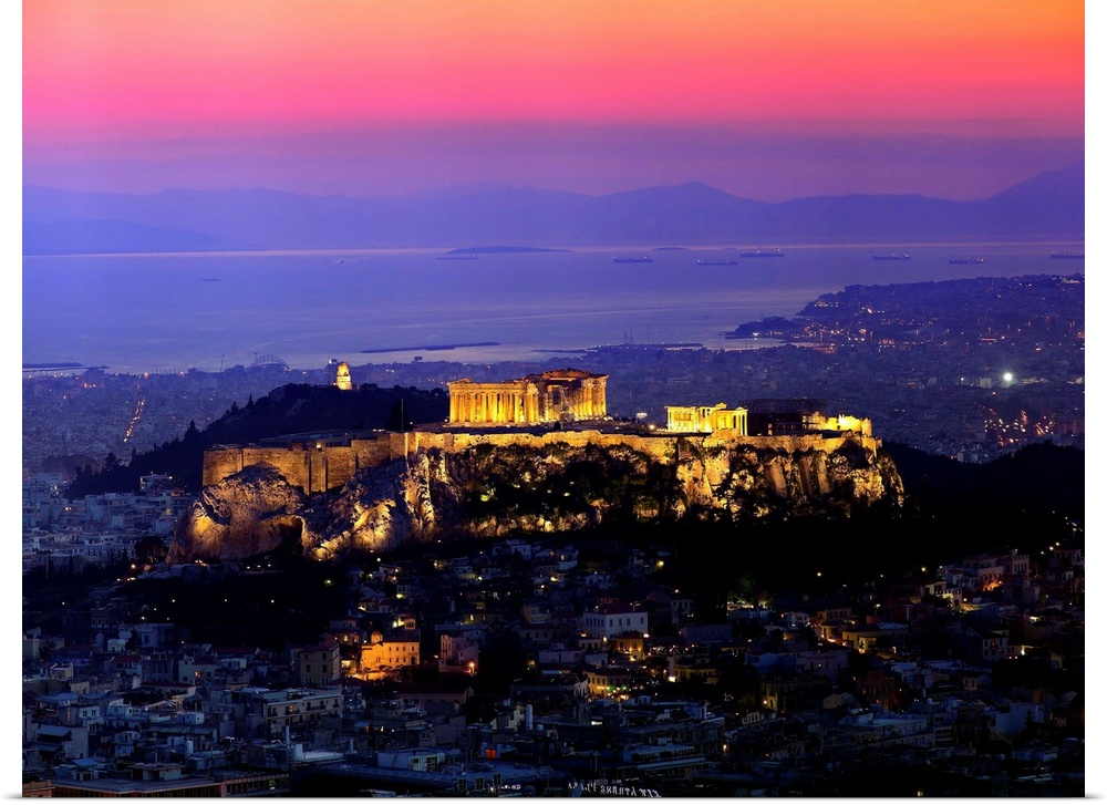 Greece, Central Greece and Euboea, Attica, Athens, View of Acropolis and Parthenon with Piraeus in the background