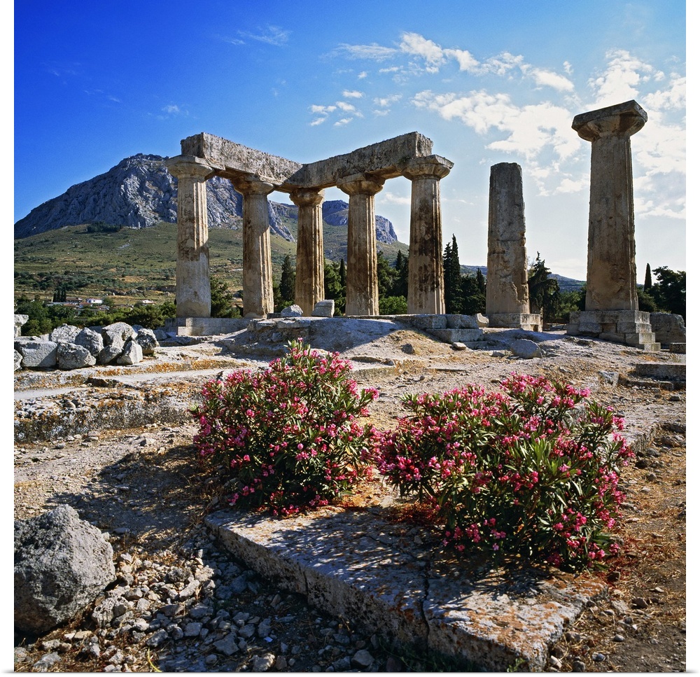 Greece, Peloponnese, Corinth, Mediterranean area, Travel Destination, Doric temple of Apollo, fortress of Acrocorintho in ...