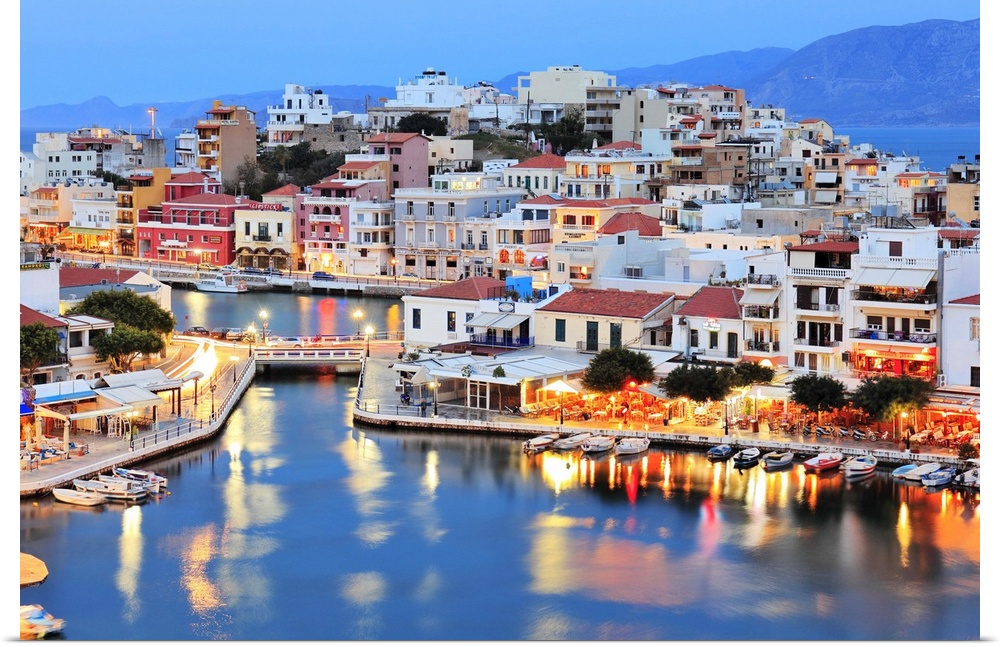Greece, Crete Island, Agios Nikolaos, Mediterranean sea, Aegean sea, Greek Islands, Town with the Voulismeni Lake in the f...