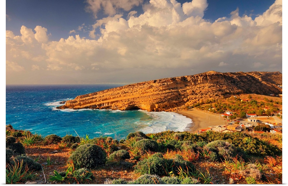 Greece, Crete Island, Iraklion, Matala, Mediterranean sea, Aegean sea, Greek Islands, Golden sandy beach and village, with...