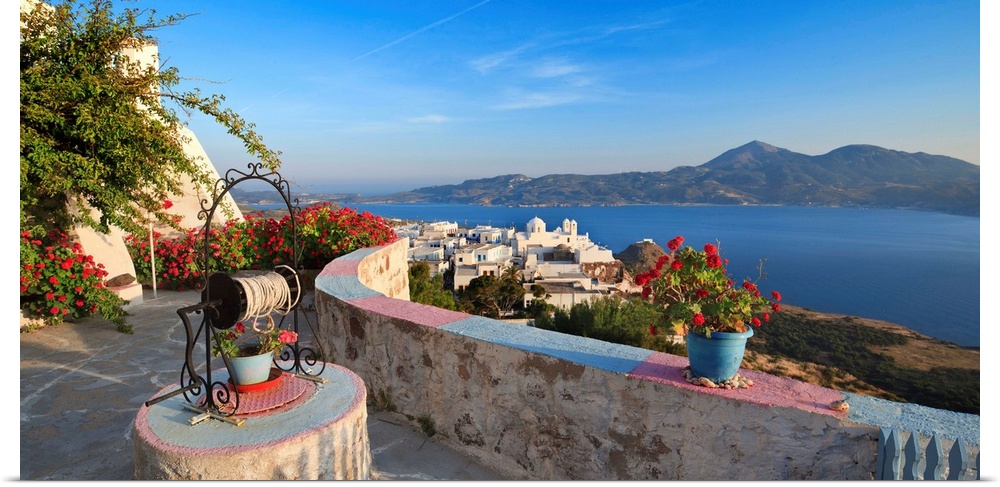 Greece, Cyclades, Milos island, View of Plaka village from Kastro castle and church