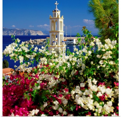 Greece, Dodecanese, bell tower of church dedicated to Agios Nikolaos