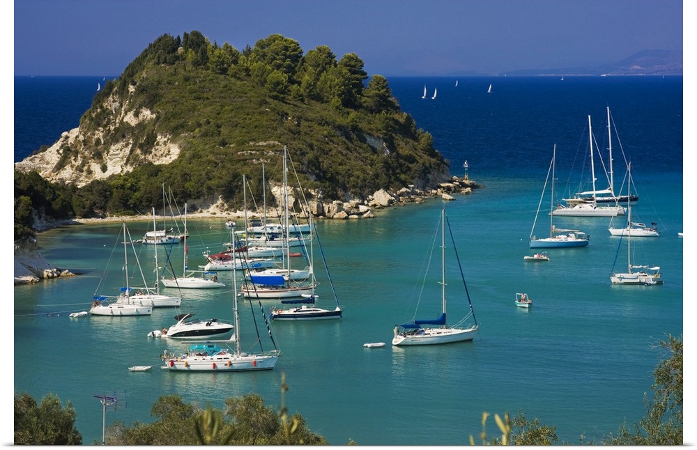 Greece, Ionian Islands, Paxos island, Lakka, Mediterranean area, Mediterranean sea, Travel Destination, Sailing boats in t...