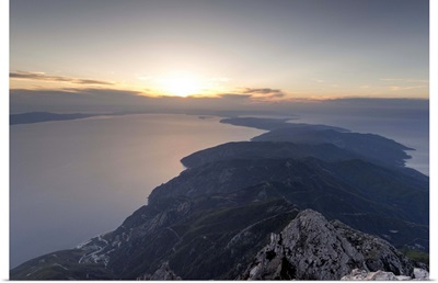 Greece, Mount Athos Peninsula, view from the summit at sunset