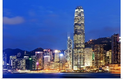 Hong Kong, City skyline illuminated at night with International Finance Center