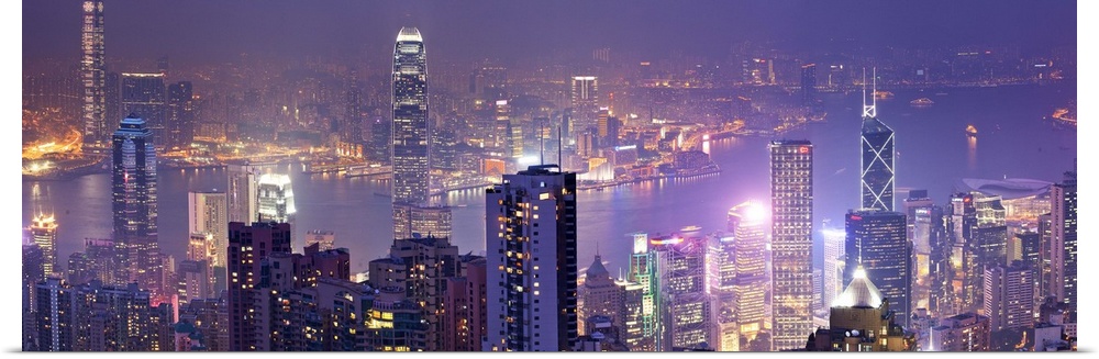 China, Hong Kong, Hong Kong island, City skyline with the Victoria Harbor, view from Victoria Peak at night.
