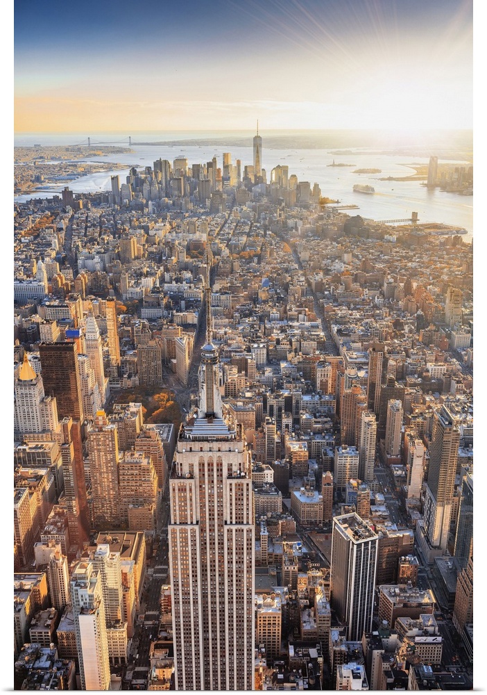 USA, New York City, Hudson, Manhattan, Midtown, Aerial view of Empire State Building, towards Lower Manhattan with One Wor...