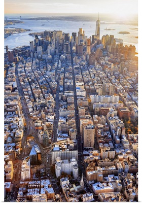 Hudson, Manhattan, Aerial View Towards One World Trade Center And Brooklyn Bridge