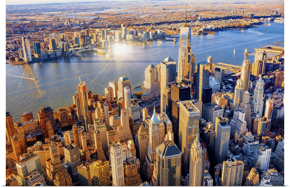 USA, New York City, Hudson, Manhattan, Lower Manhattan, One World Trade Center, Freedom Tower, Aerial view towards One Wor...