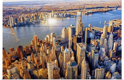 Hudson, Manhattan, Aerial View Towards One World Trade Center At Sunset
