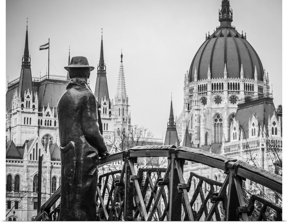 Hungary, Budapest, Bohemia, Danube, Danube valley, The Imre Nagy statue standing on his own bridge with Budapest's Parliam...
