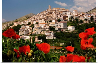 Italy, Abruzzo, Gran Sasso National Park, L'Aquila district, Poppies and town