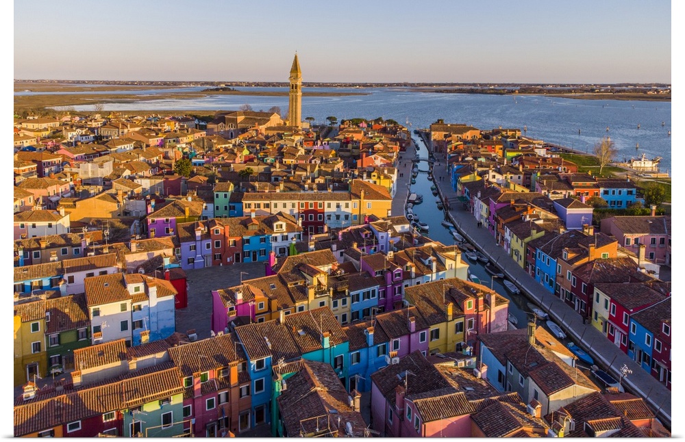 Italy, Veneto, Venezia district, Venetian Lagoon, Adriatic Coast, Venice, Burano, Aerial view of the colorful city of Bura...