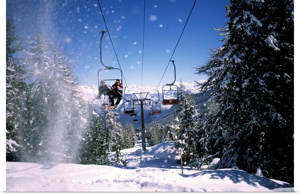 Italy, Aosta Valley, Alps, Aosta district, Pila, Gressan, winter season, Pila ski station, the ski lift and Grand Combin m...