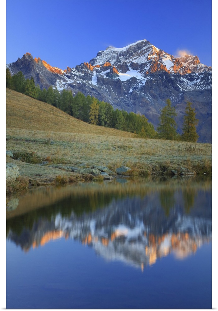 Italy, Aosta Valley, Aosta district, Valle del Gran San Bernardo, Valpelline, Alps, The Grand Combin is reflected at dawn ...