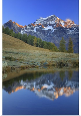Italy, Aosta Valley, Alps, The Grand Combin Is Reflected In A Small Lake In Champillon