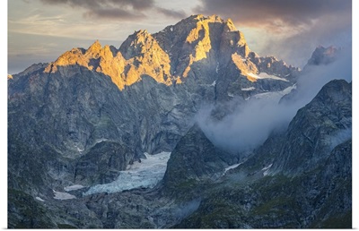 Italy, Aosta Valley, Courmayeur, Val Ferret, Alps, Mont Blanc Mountain At Dawn