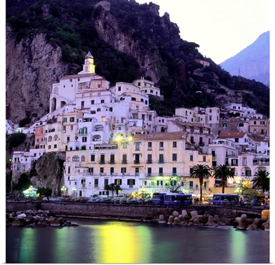 Italy, Campania, Amalfi Coast view of town at dusk